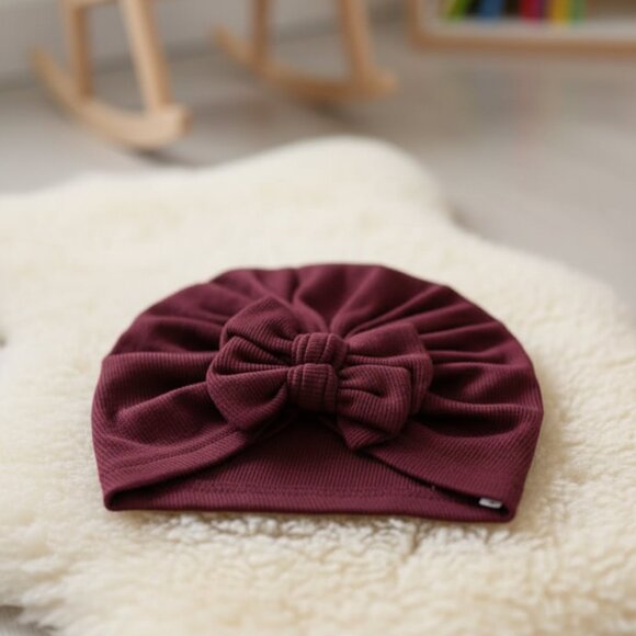 Maroon Baby Turban Cap with Big Bow – Soft Cotton Headwrap - Picture 2 of 3